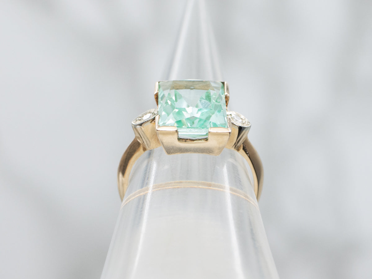 Teal-Hued Synthetic Spinel and Diamond Retro-Era Ring