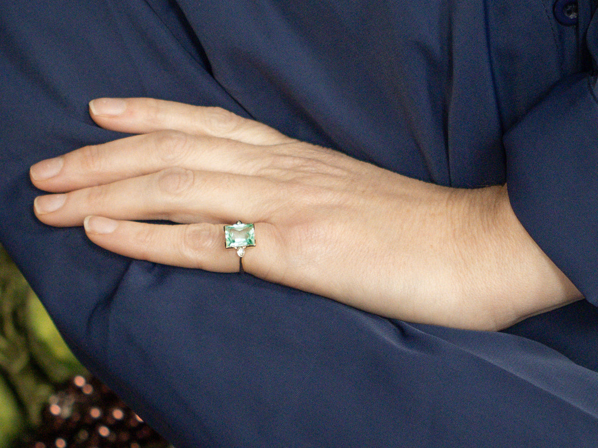 Teal-Hued Synthetic Spinel and Diamond Retro-Era Ring