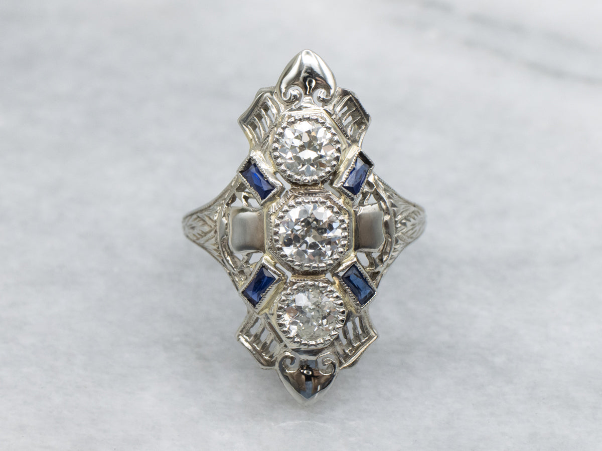 Diamond and Sapphire Art Deco White Gold Filigree Dinner Ring