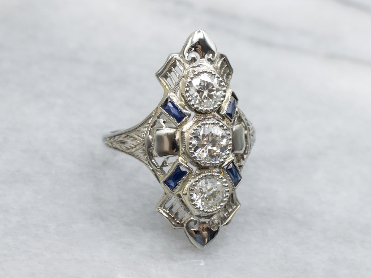 Diamond and Sapphire Art Deco White Gold Filigree Dinner Ring