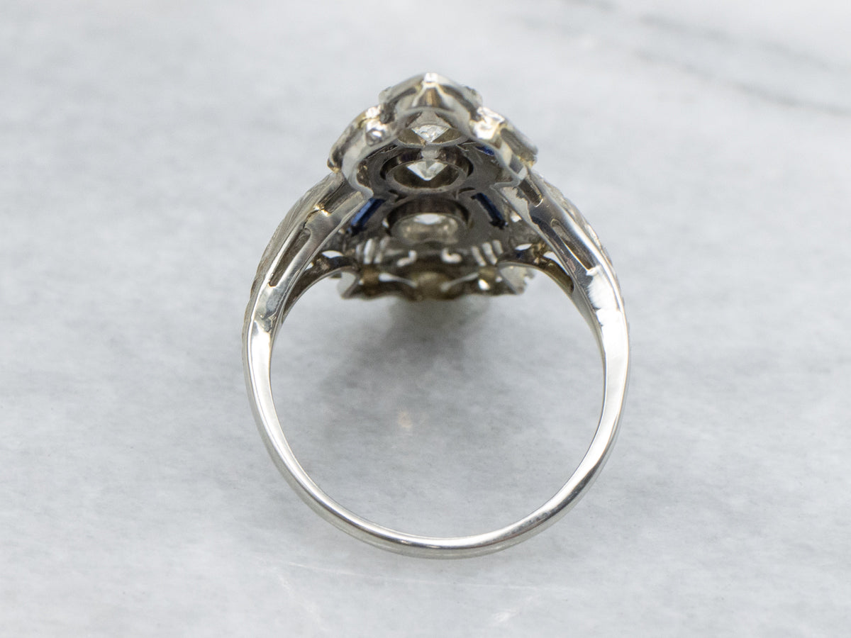 Diamond and Sapphire Art Deco White Gold Filigree Dinner Ring