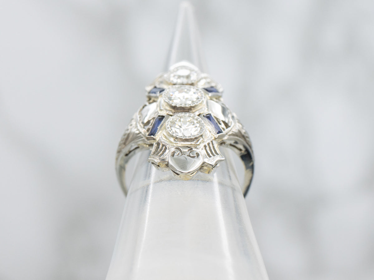 Diamond and Sapphire Art Deco White Gold Filigree Dinner Ring