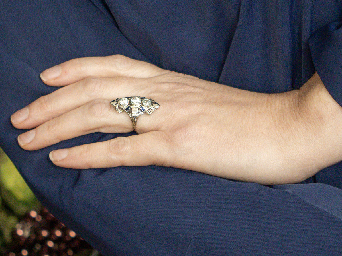 Diamond and Sapphire Art Deco White Gold Filigree Dinner Ring