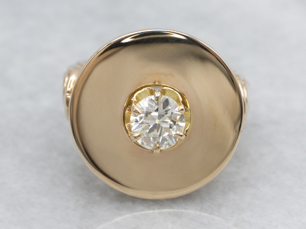 Bold Brilliant Diamond and Gold Flat Disc Statement Ring