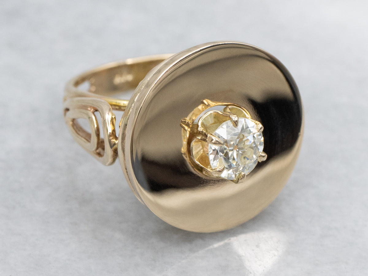 Bold Brilliant Diamond and Gold Flat Disc Statement Ring