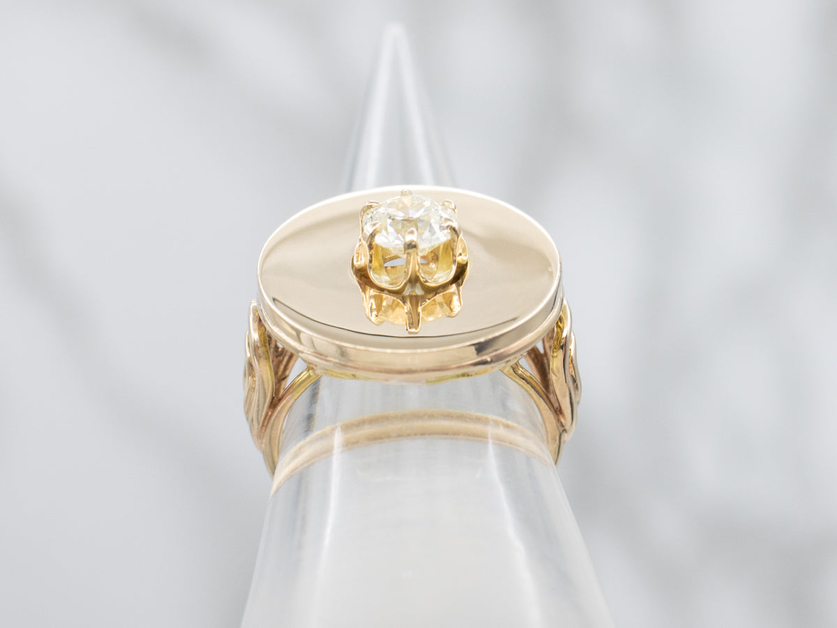 Bold Brilliant Diamond and Gold Flat Disc Statement Ring