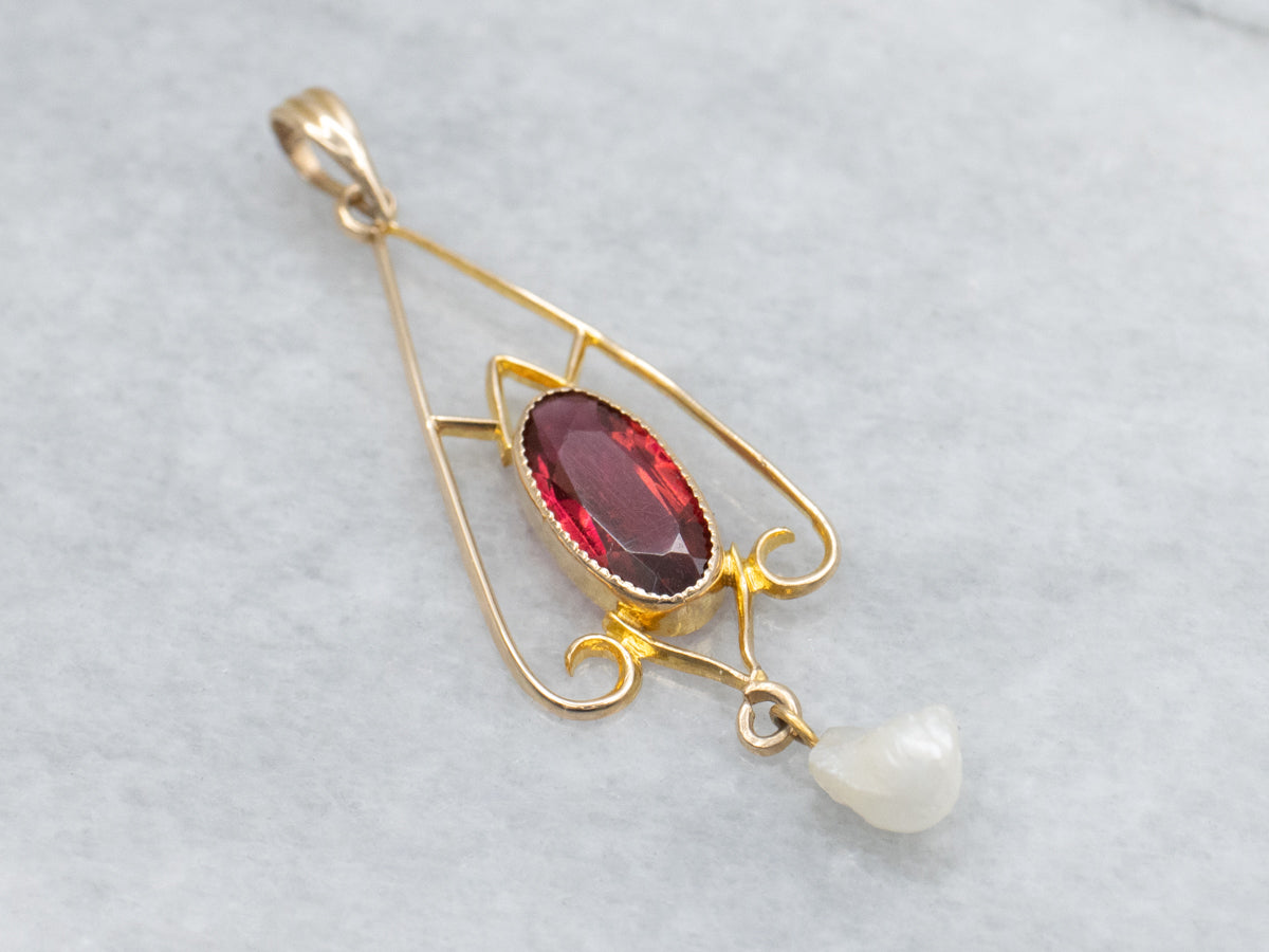 Antique Garnet Doublet and Natural Pearl Lavalier Pendant