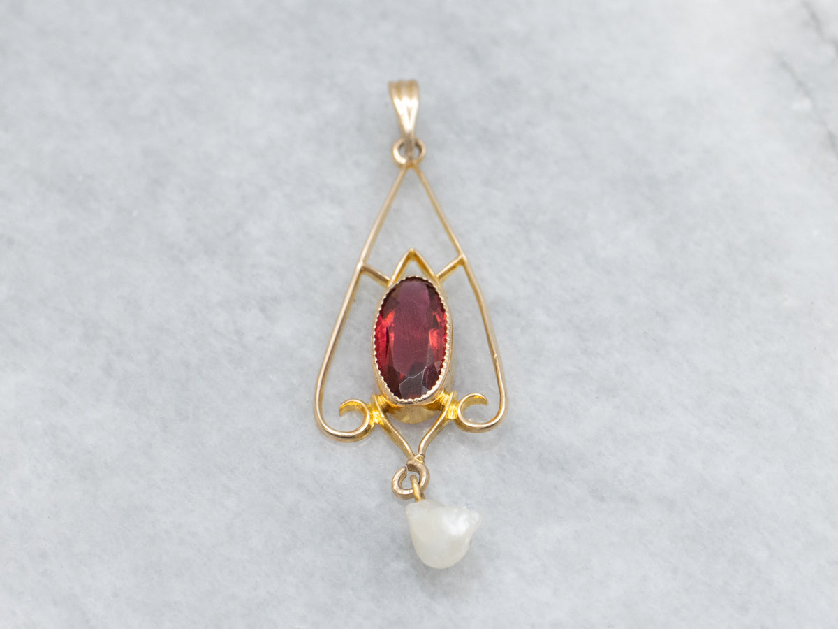 Antique Garnet Doublet and Natural Pearl Lavalier Pendant