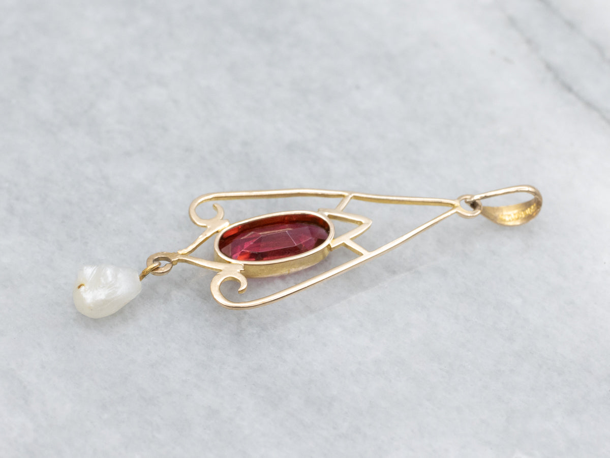 Antique Garnet Doublet and Natural Pearl Lavalier Pendant
