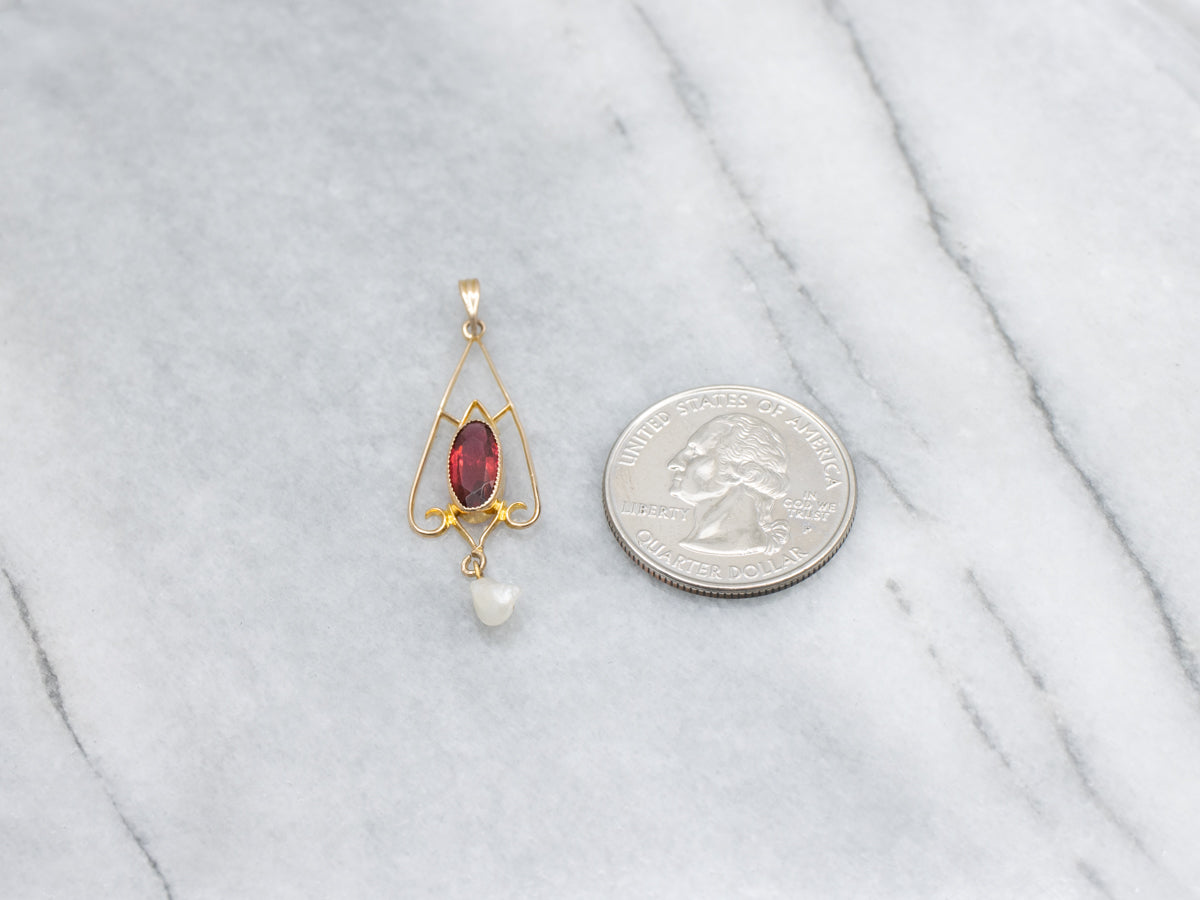 Antique Garnet Doublet and Natural Pearl Lavalier Pendant