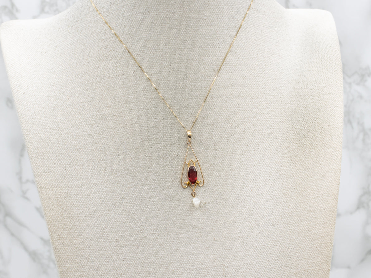 Antique Garnet Doublet and Natural Pearl Lavalier Pendant