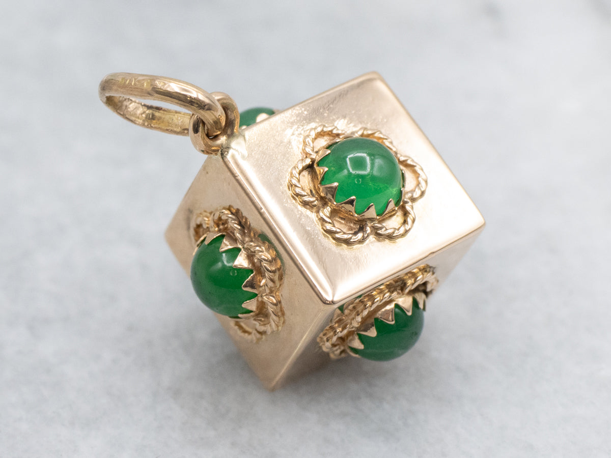 Vintage Green Glass Cabochon Gold Cube Charm Pendant