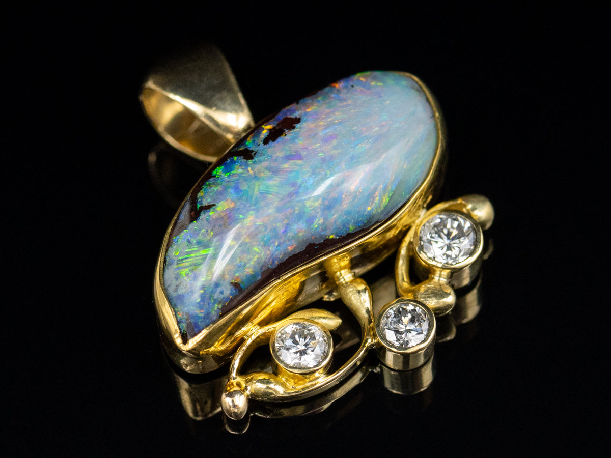 Modernist Gold Bezel-Set Opal and Diamond Pendant