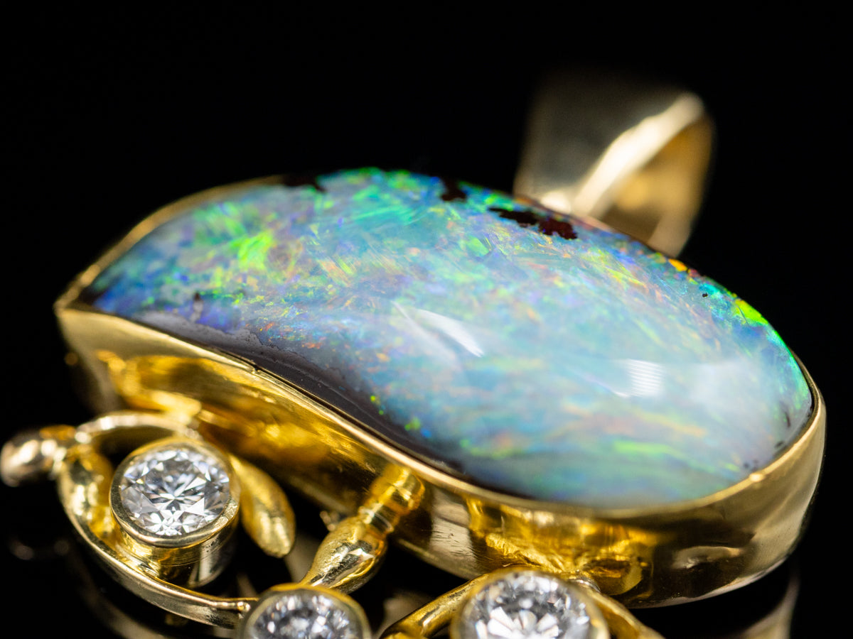 Modernist Gold Bezel-Set Opal and Diamond Pendant