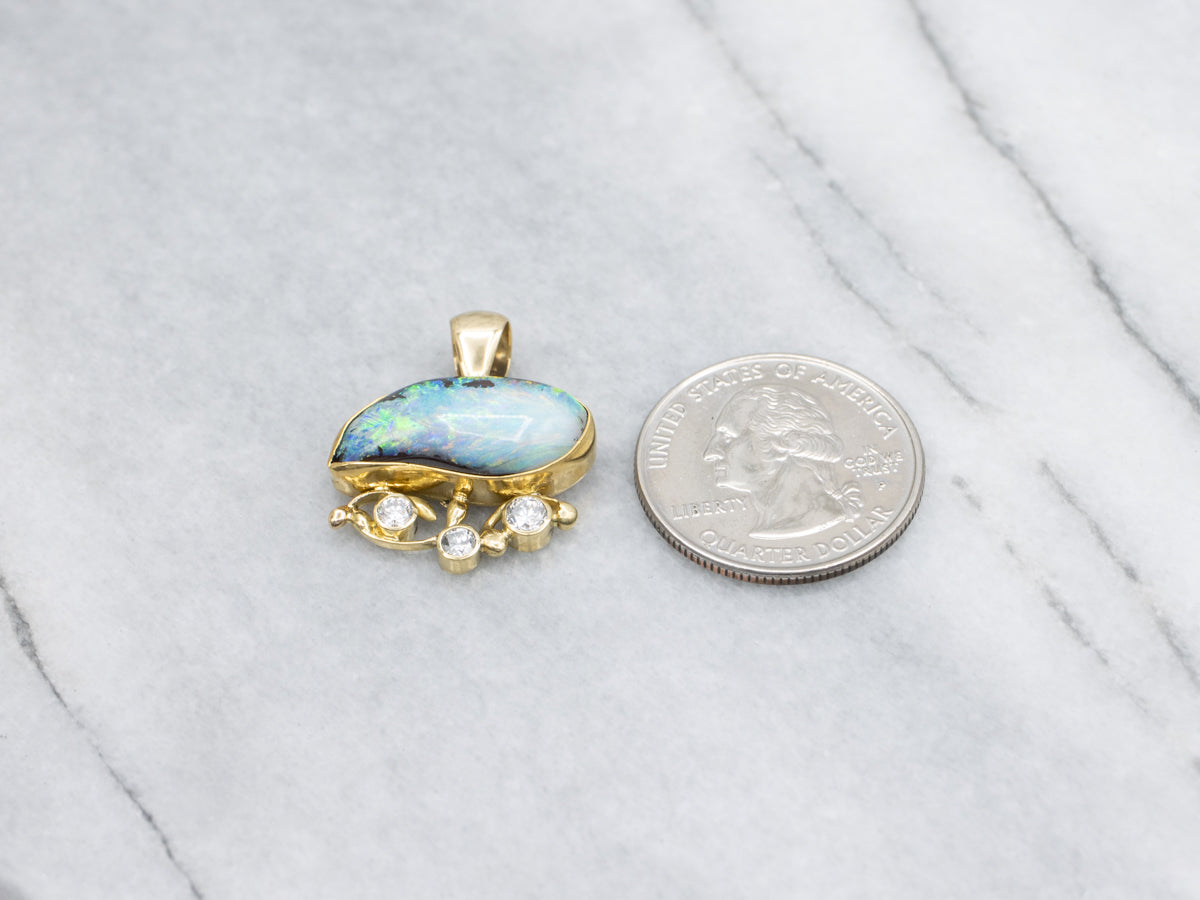 Modernist Gold Bezel-Set Opal and Diamond Pendant