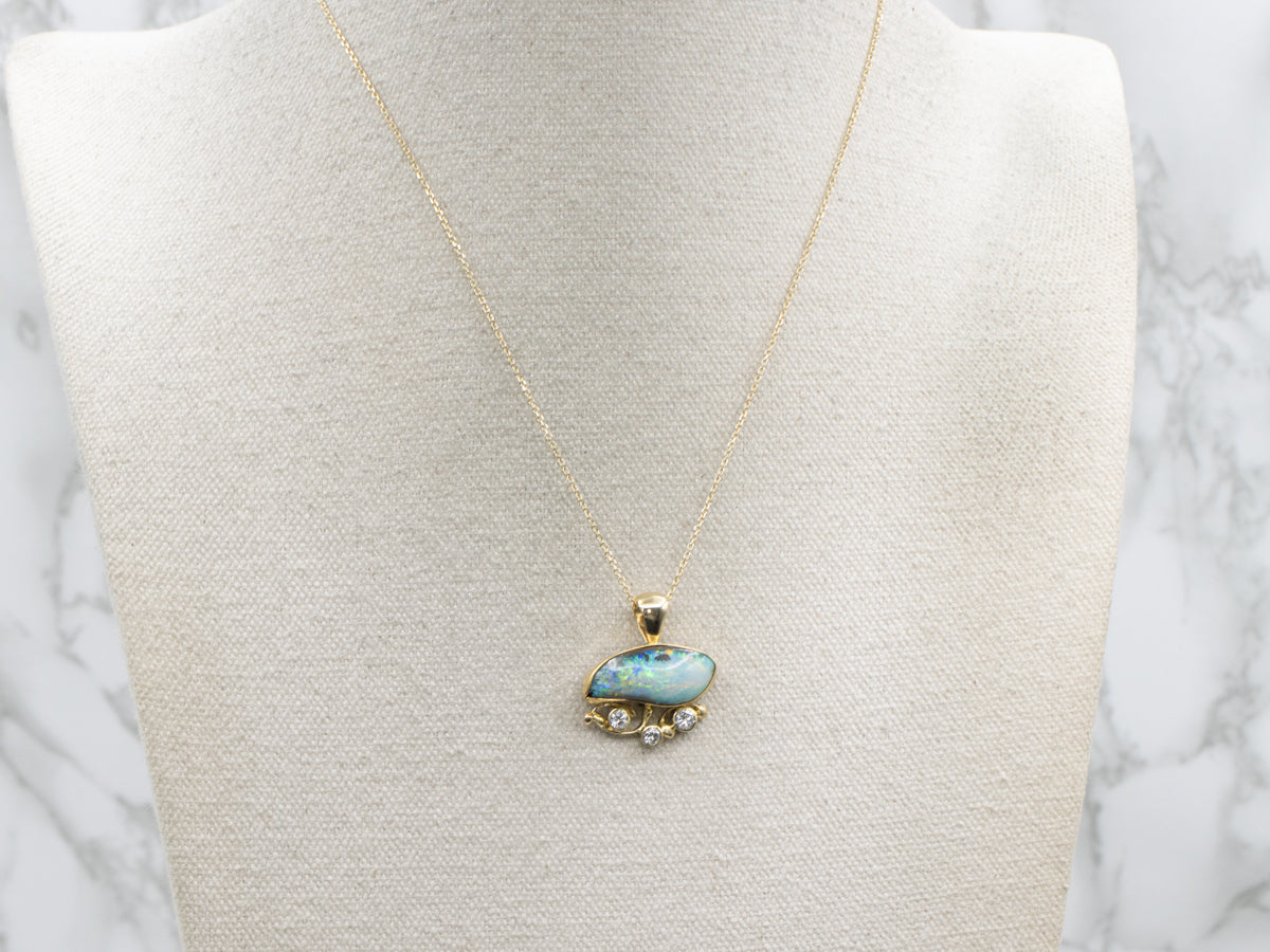 Modernist Gold Bezel-Set Opal and Diamond Pendant