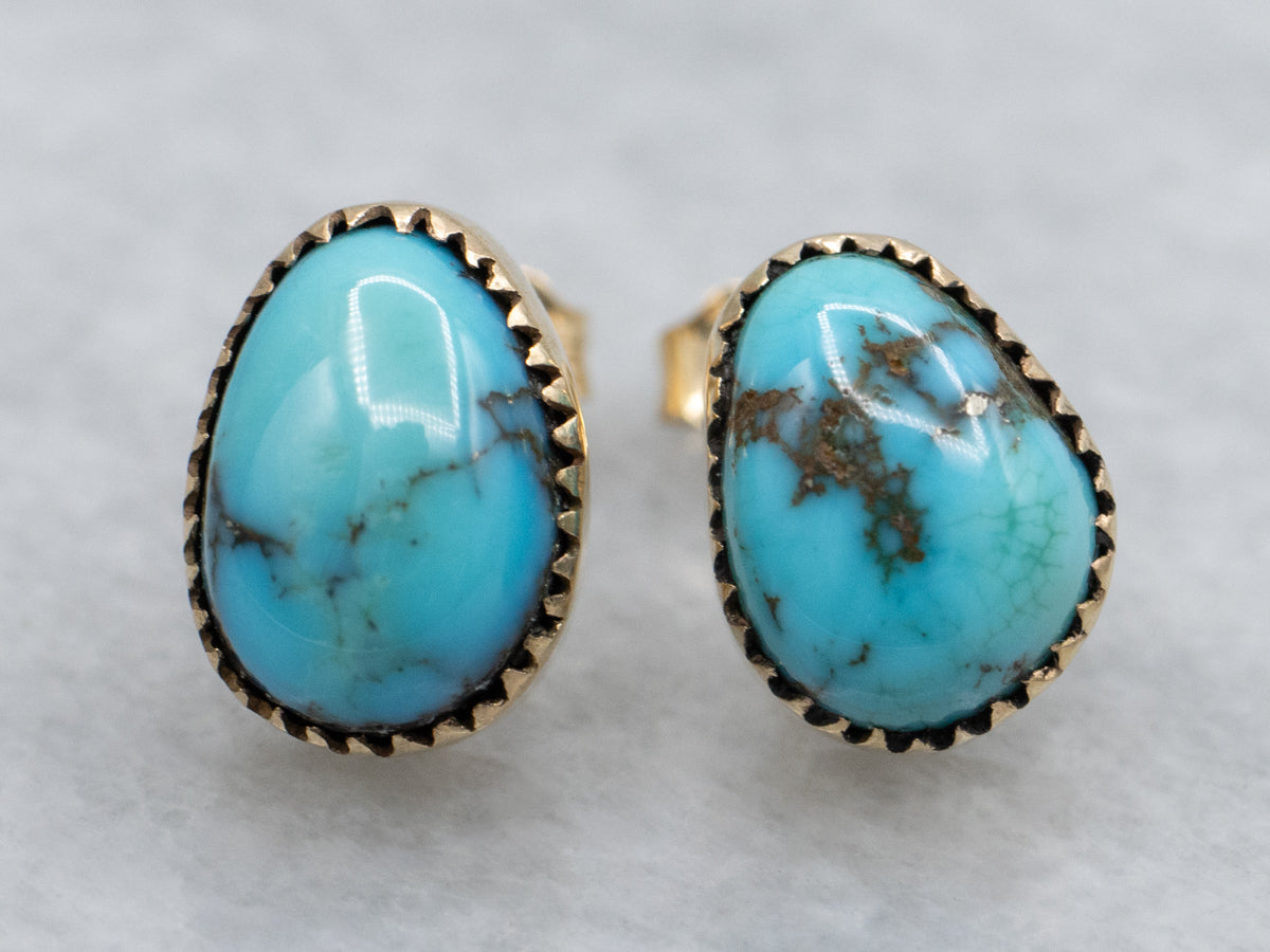 Pear-Cut Turquoise Cabochon Gold Stud Earrings