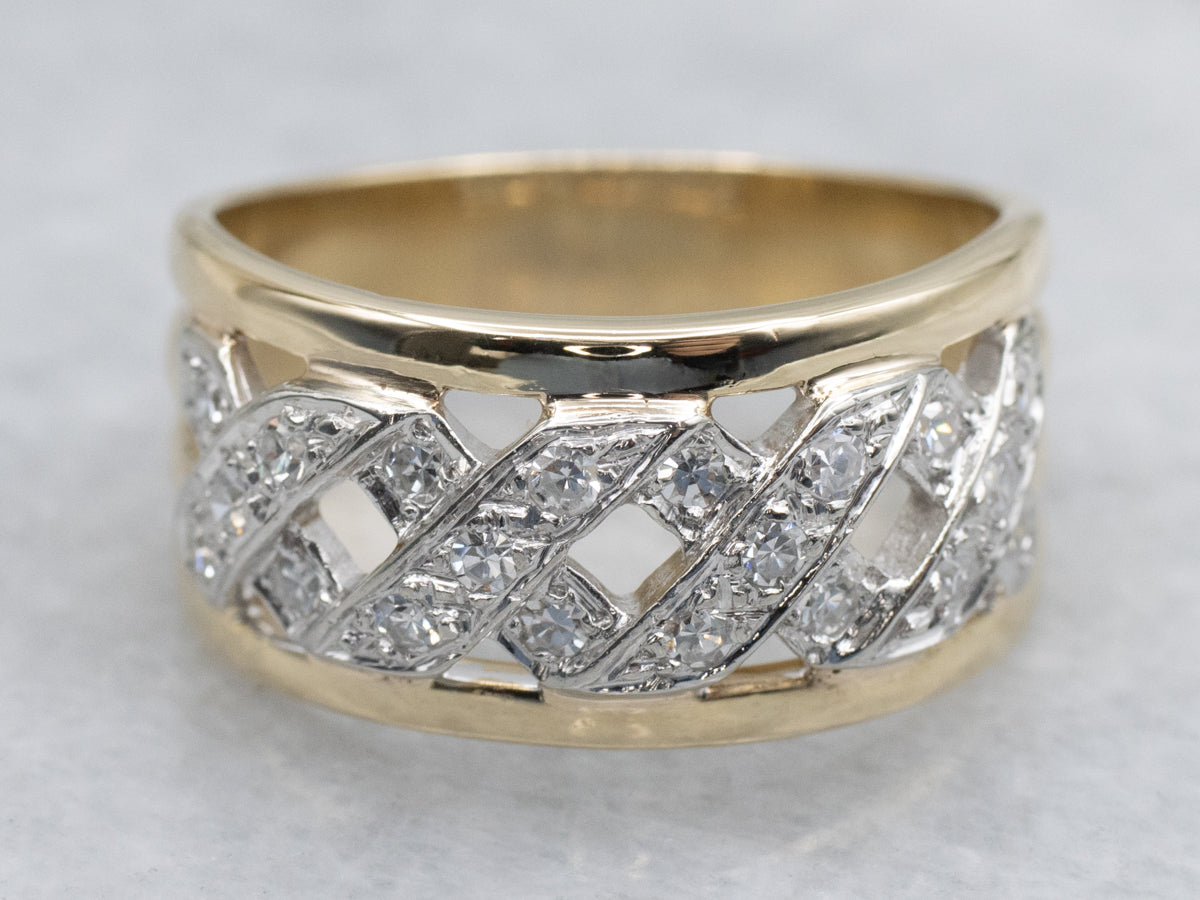 Pierced Lattice Patterned Two-Tone Gold Diamond Band
