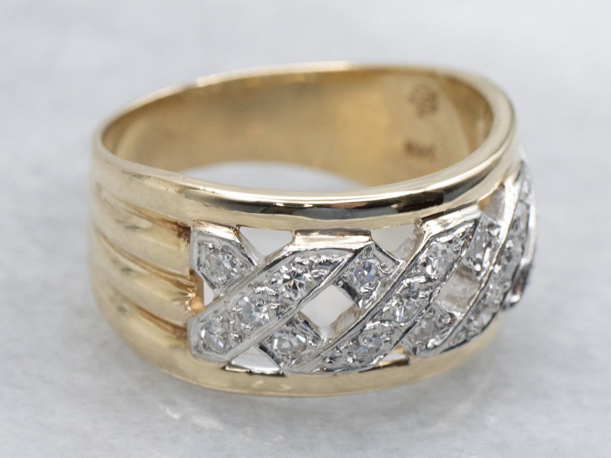 Pierced Lattice Patterned Two-Tone Gold Diamond Band