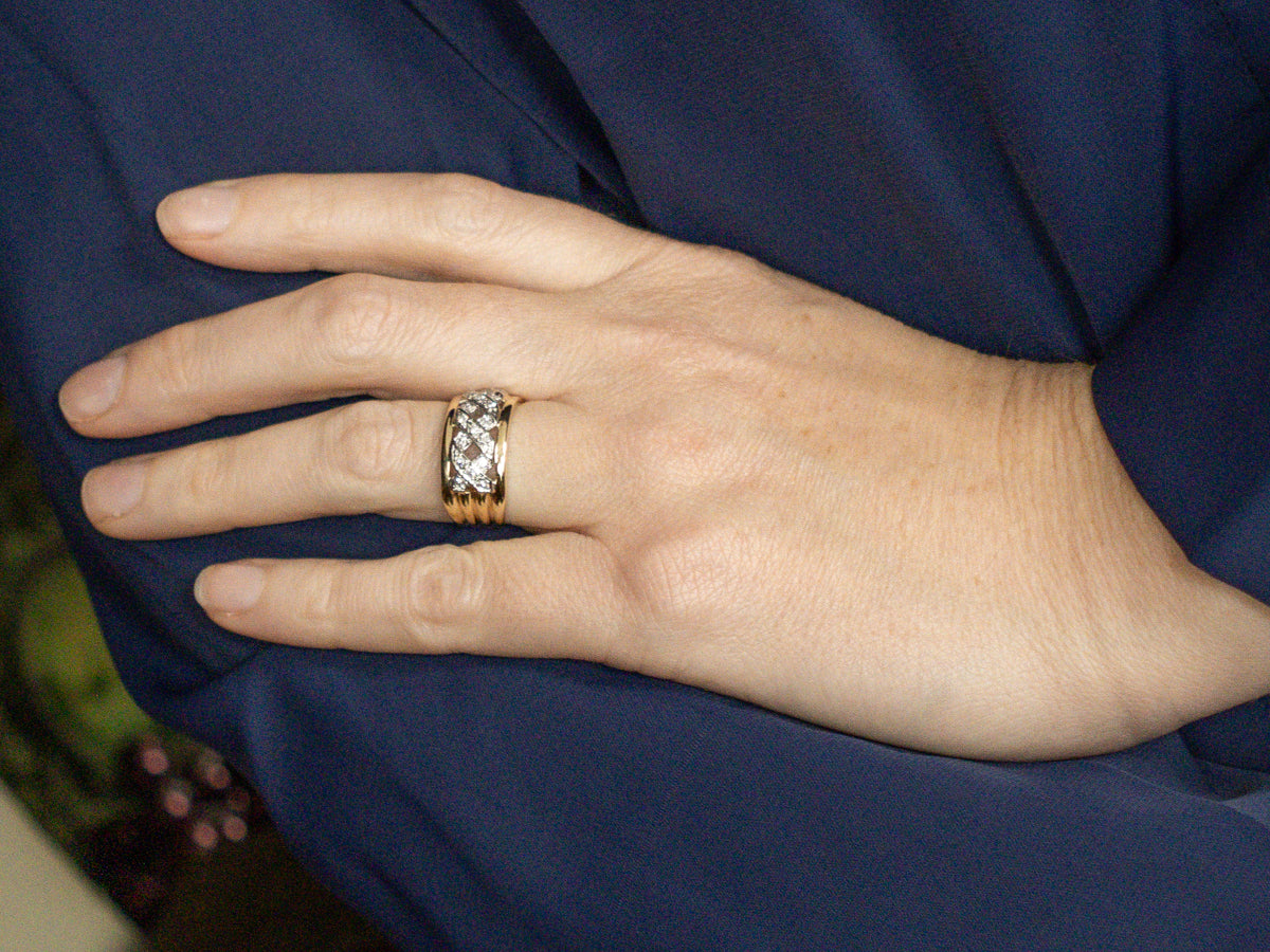 Pierced Lattice Patterned Two-Tone Gold Diamond Band