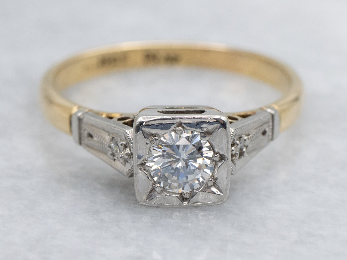 Retro Era Brilliant Diamond Engagement Ring in Platinum and Gold Setting