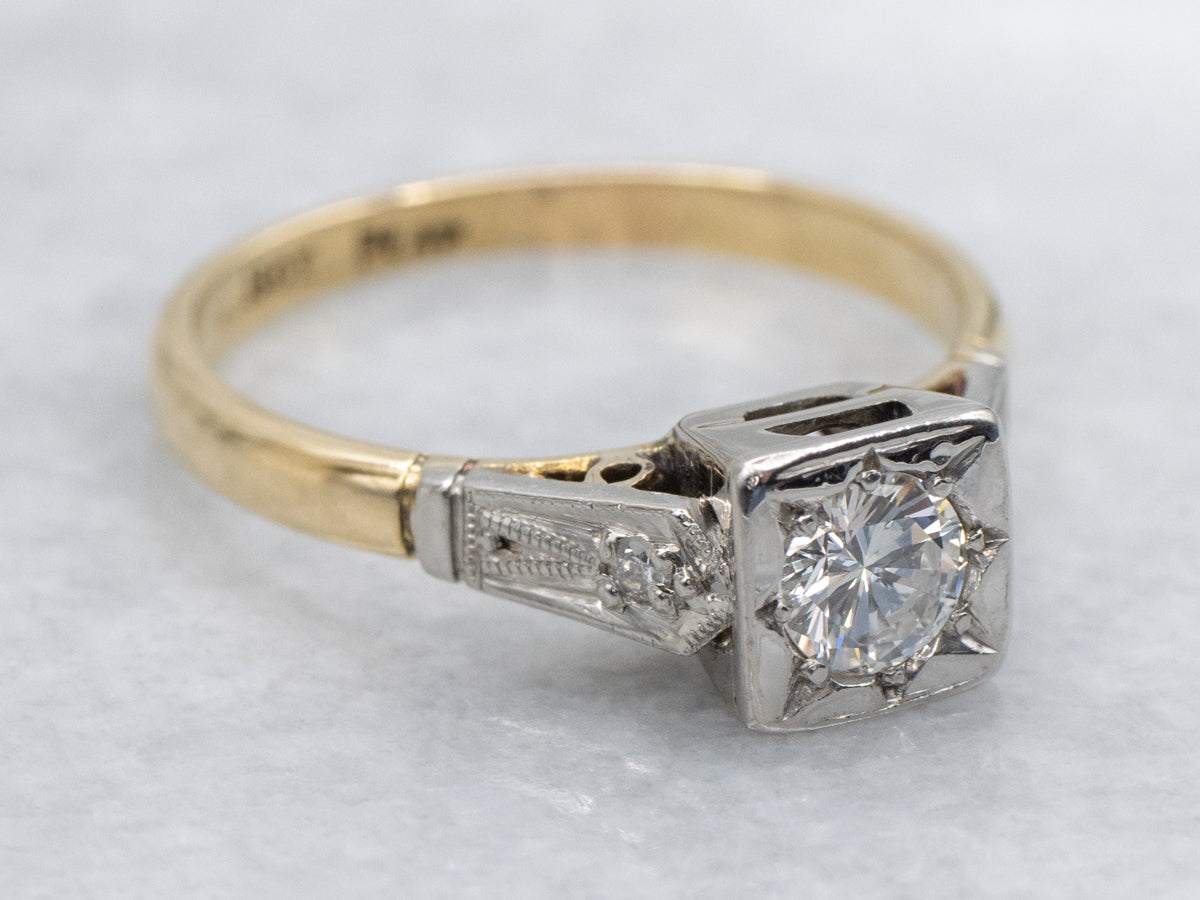 Retro Era Brilliant Diamond Engagement Ring in Platinum and Gold Setting