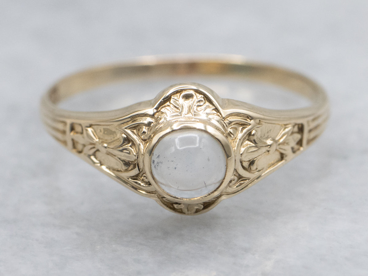 Ornate Blue Flash Moonstone Engraved Nouveau Era Gold Solitaire Ring