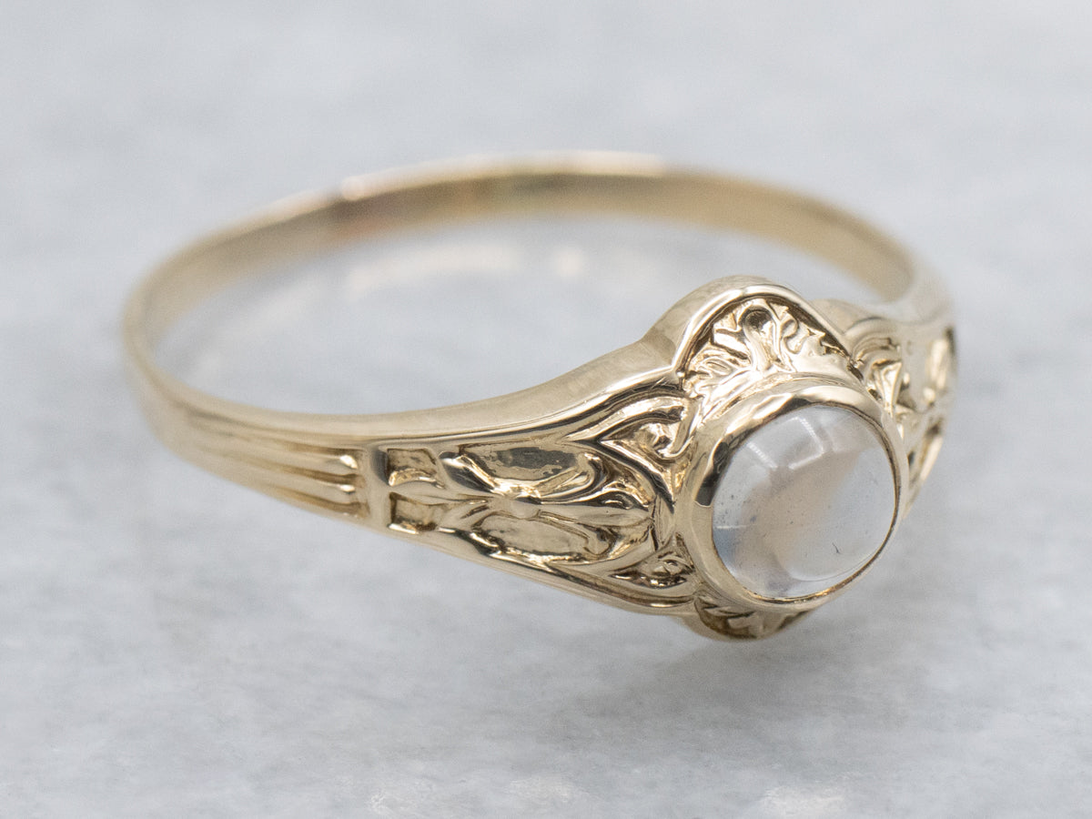 Ornate Blue Flash Moonstone Engraved Nouveau Era Gold Solitaire Ring