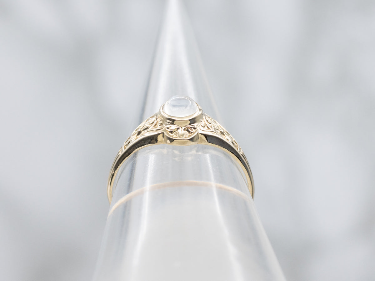 Ornate Blue Flash Moonstone Engraved Nouveau Era Gold Solitaire Ring