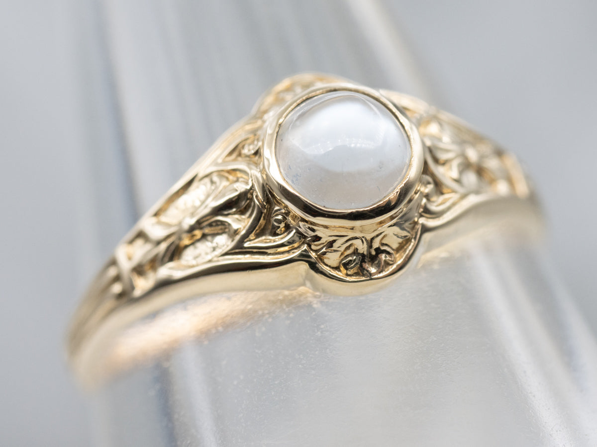 Ornate Blue Flash Moonstone Engraved Nouveau Era Gold Solitaire Ring