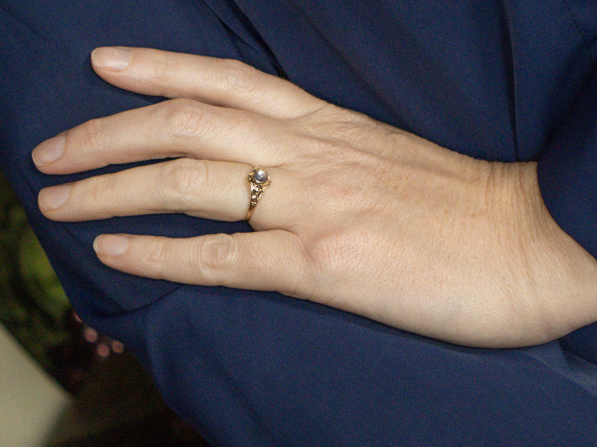 Ornate Blue Flash Moonstone Engraved Nouveau Era Gold Solitaire Ring