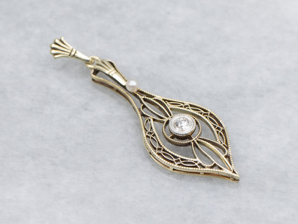 Two-Tone Gold Filigree Diamond and Pearl Lavalier Pendant