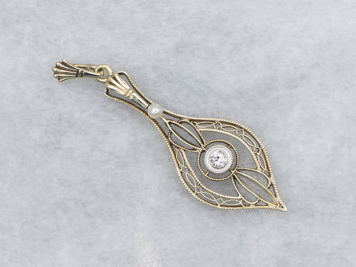 Two-Tone Gold Filigree Diamond and Pearl Lavalier Pendant