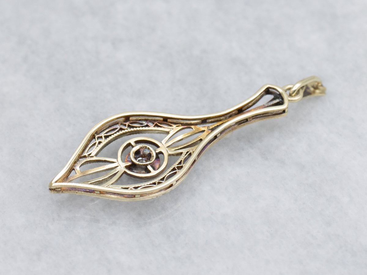 Two-Tone Gold Filigree Diamond and Pearl Lavalier Pendant