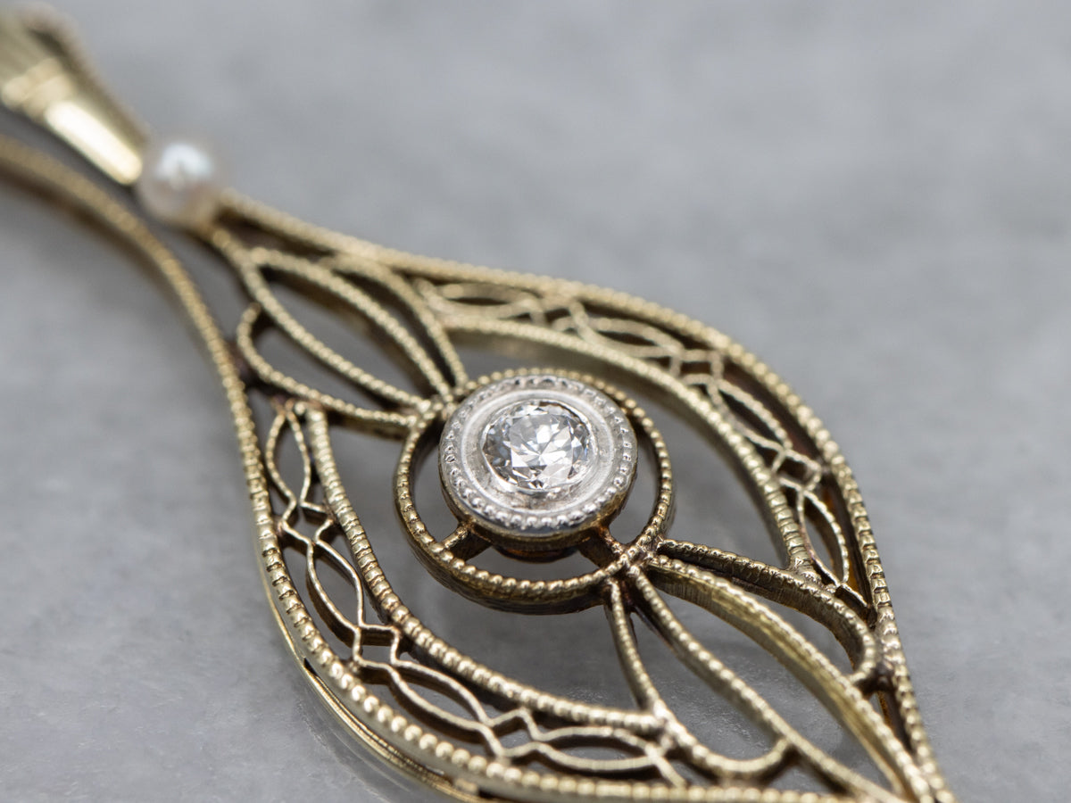 Two-Tone Gold Filigree Diamond and Pearl Lavalier Pendant