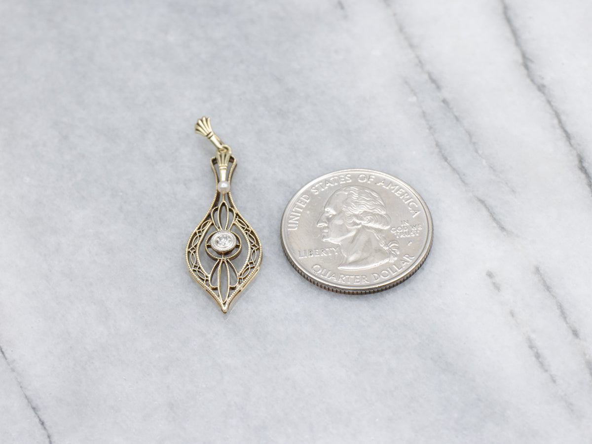 Two-Tone Gold Filigree Diamond and Pearl Lavalier Pendant