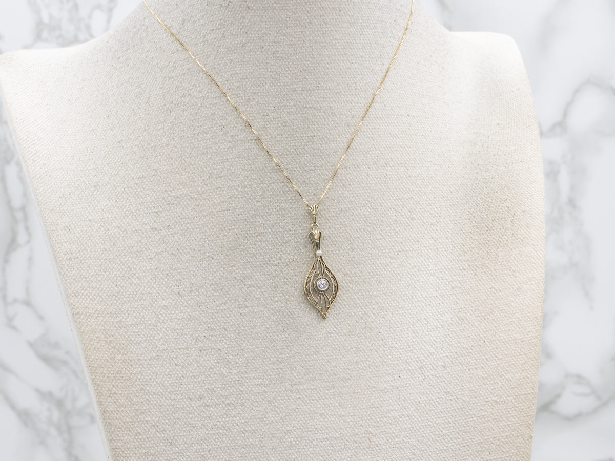 Two-Tone Gold Filigree Diamond and Pearl Lavalier Pendant