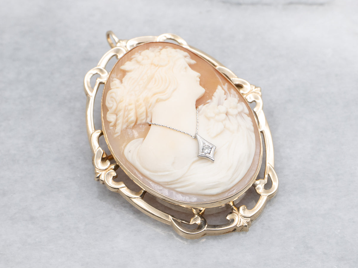 Vintage Conch Shell Cameo Brooch or Pendant with Diamond Detail