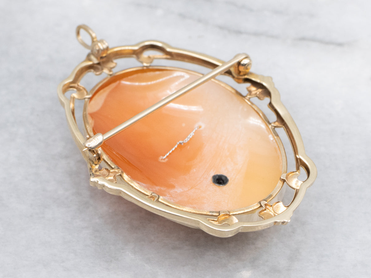 Vintage Conch Shell Cameo Brooch or Pendant with Diamond Detail