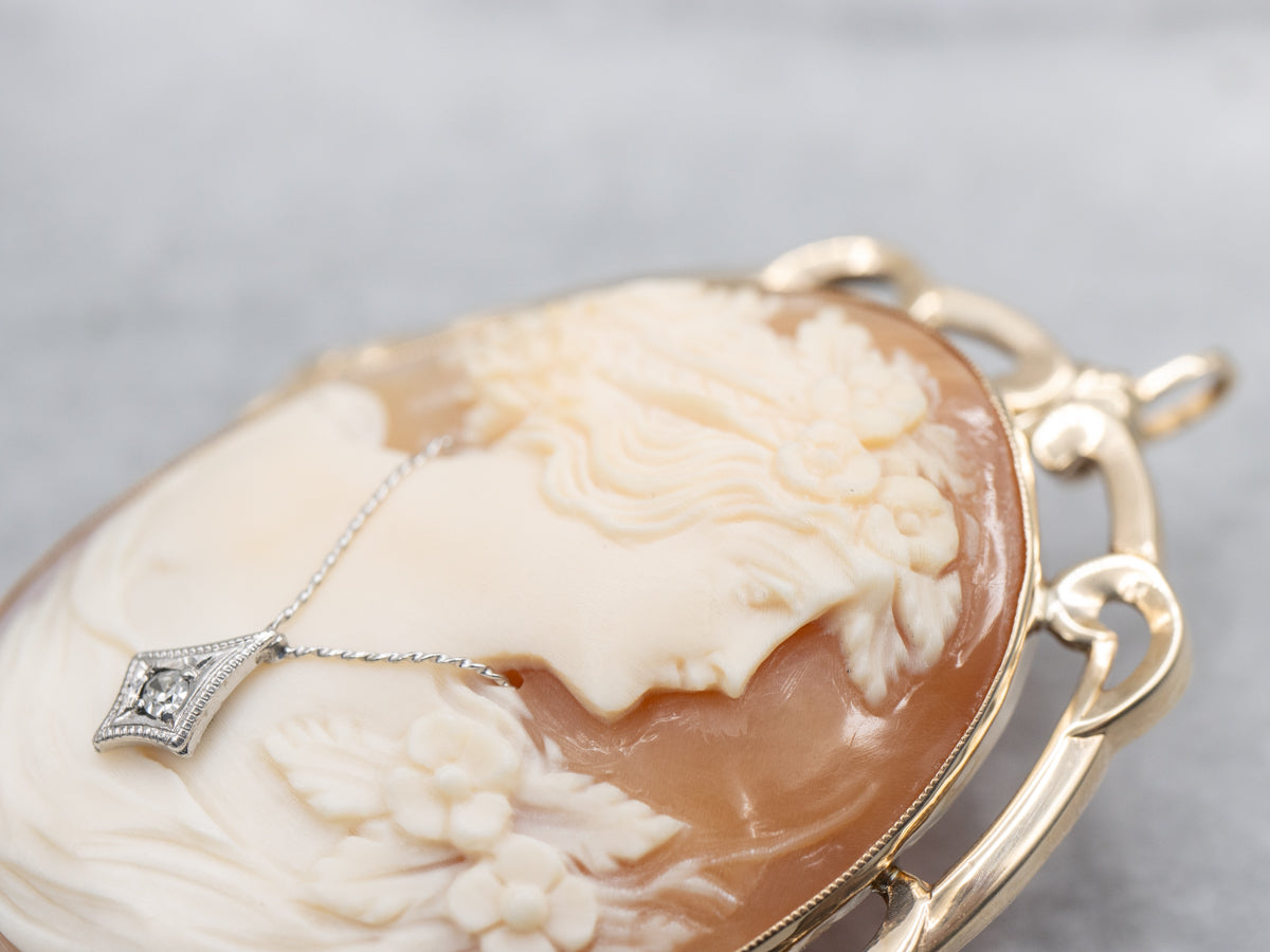 Vintage Conch Shell Cameo Brooch or Pendant with Diamond Detail