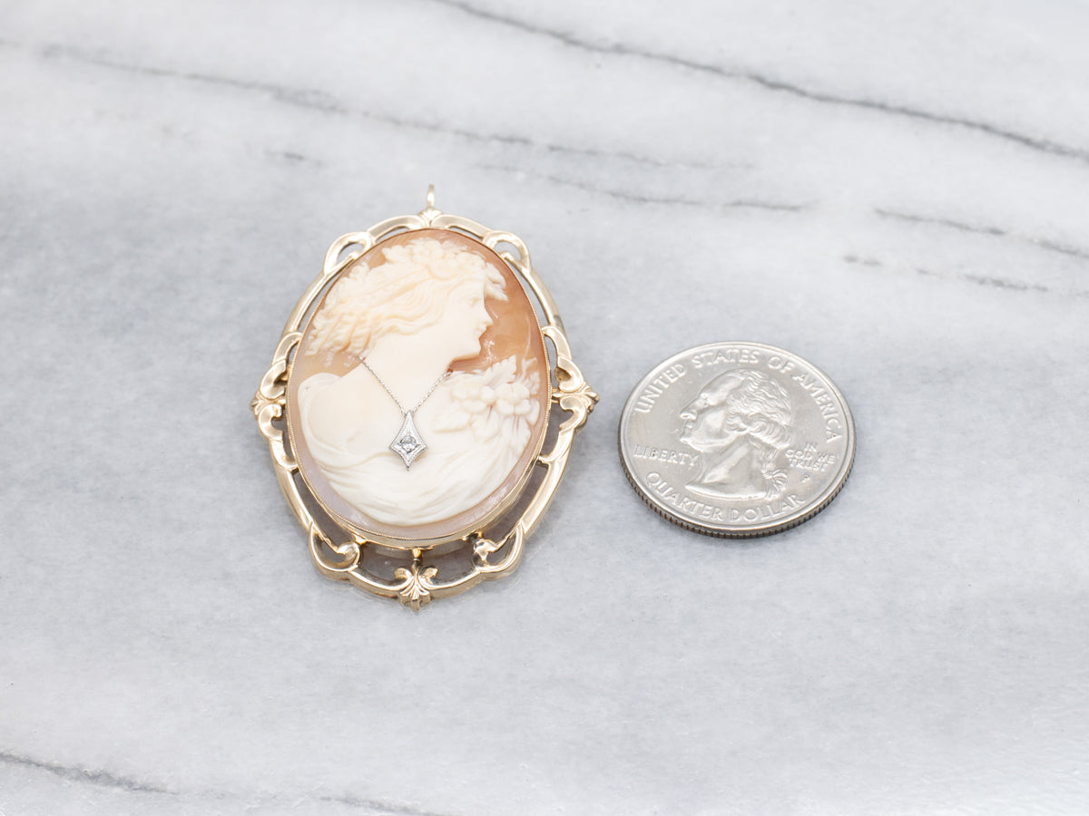 Vintage Conch Shell Cameo Brooch or Pendant with Diamond Detail