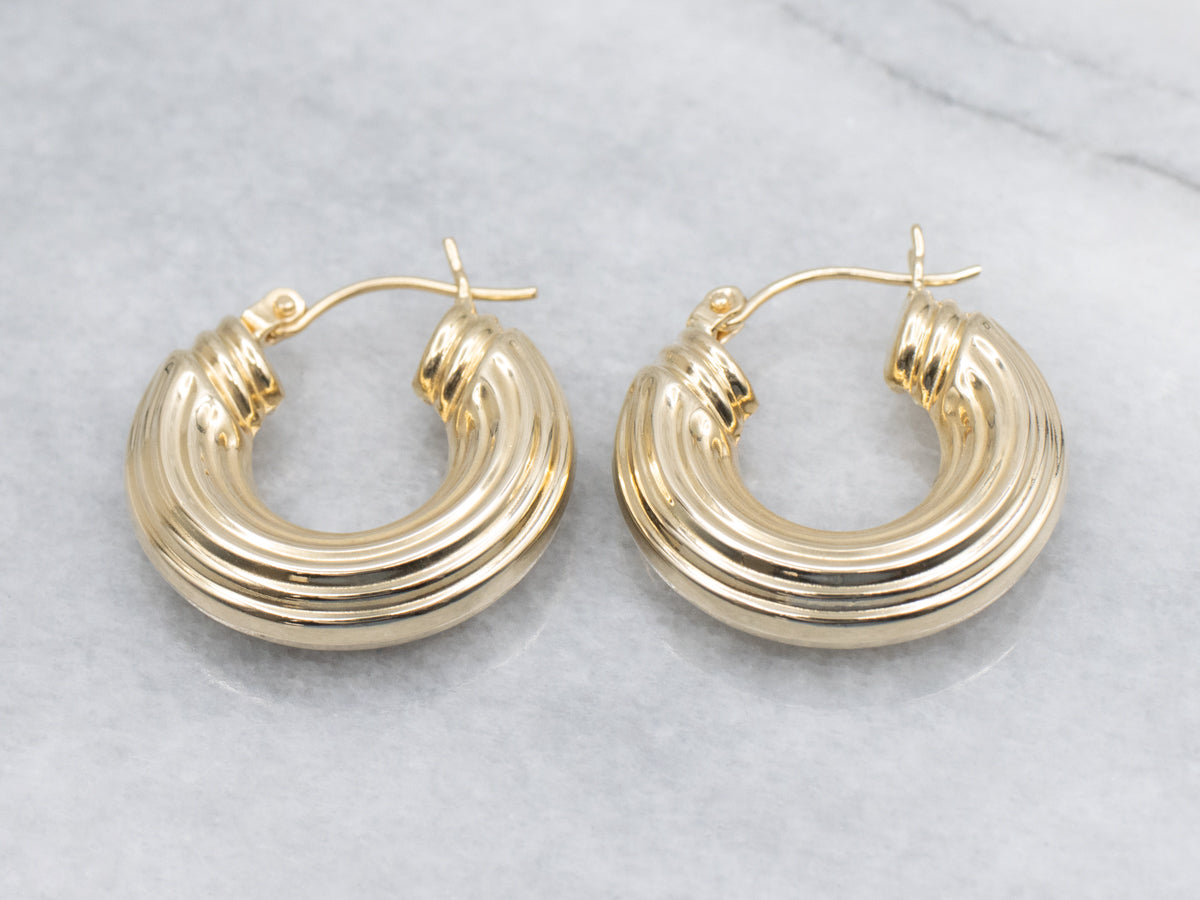 Puffed Ribbed Gold Hoop Earrings