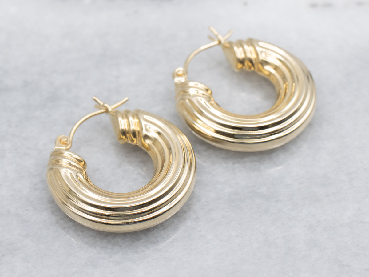 Puffed Ribbed Gold Hoop Earrings