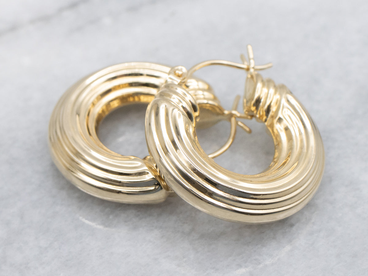 Puffed Ribbed Gold Hoop Earrings