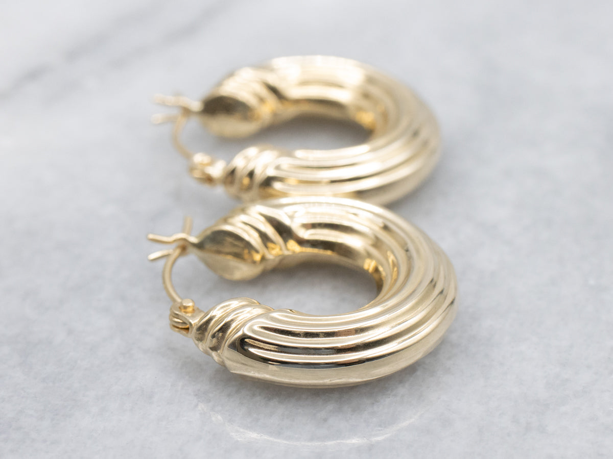Puffed Ribbed Gold Hoop Earrings