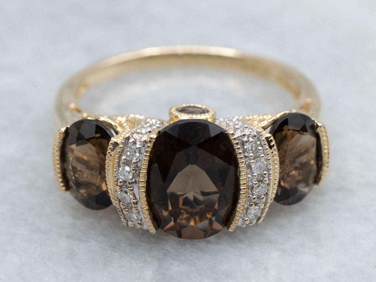 Smokey Quartz and Diamond Yellow Gold Three Stone Ring