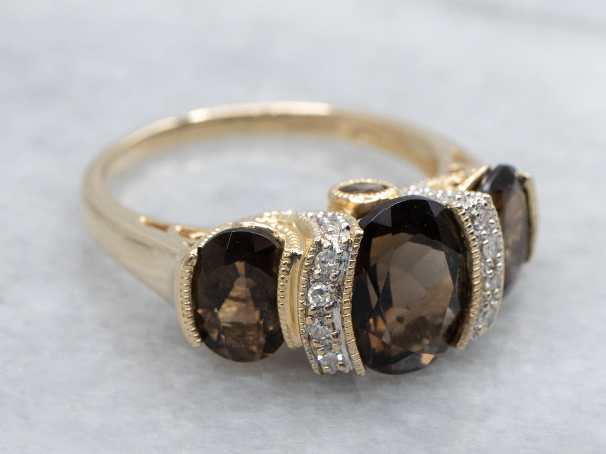 Smokey Quartz and Diamond Yellow Gold Three Stone Ring