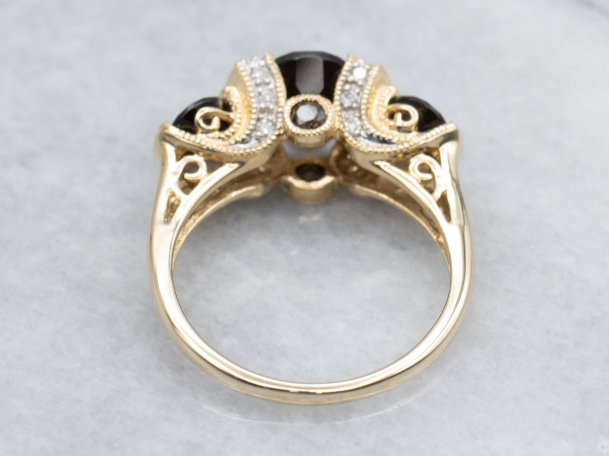 Smokey Quartz and Diamond Yellow Gold Three Stone Ring