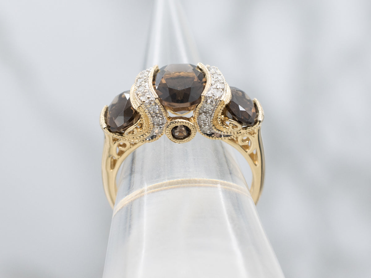 Smokey Quartz and Diamond Yellow Gold Three Stone Ring