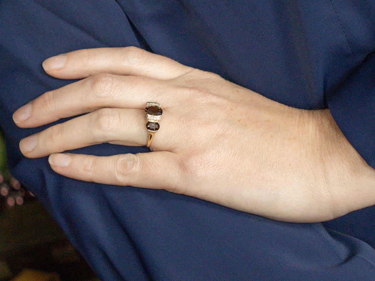 Smokey Quartz and Diamond Yellow Gold Three Stone Ring